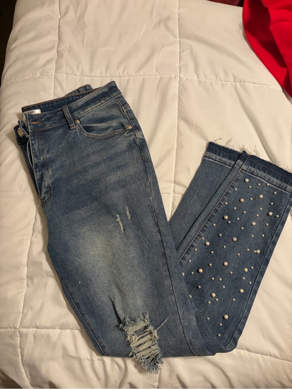 K Jordan Blue Skinny Jeans with Pearl Studs and Distressed Hem